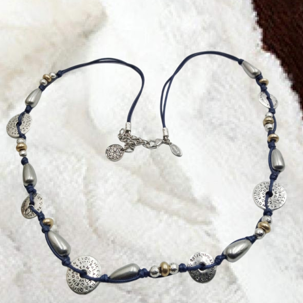Chicos - Blue Cord Silver Coins Necklace Gold Beads Accents